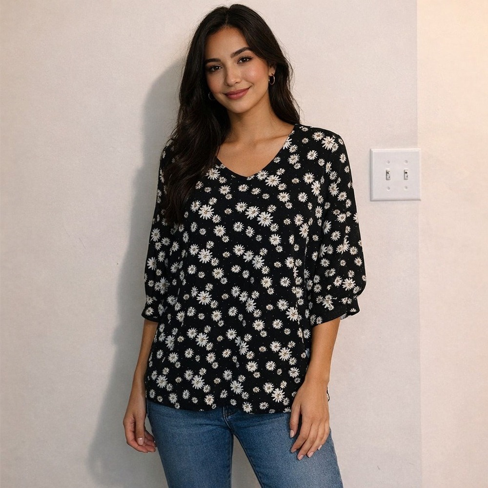 Max Womens Black Daisy Floral Polka Dot V-Neck Elbow Sleeve Blouse Top Large‎